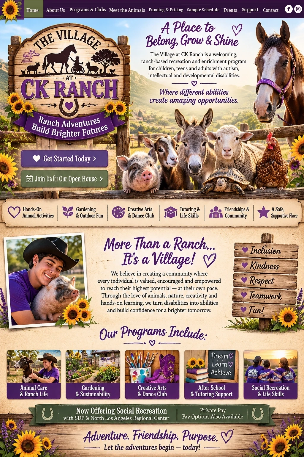 The Village at CK Ranch home page design featuring ranch animals, programs and the message A Place to Belong, Grow and Shine.