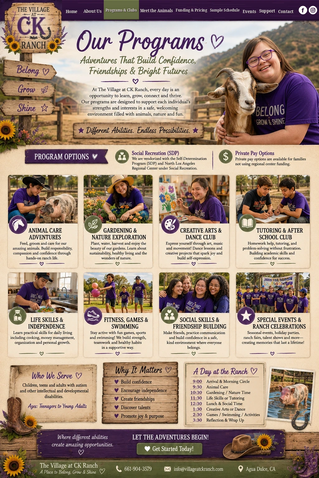Programs at The Village at CK Ranch, including animal care, gardening, creative arts, tutoring, life skills, fitness, social skills and special events.